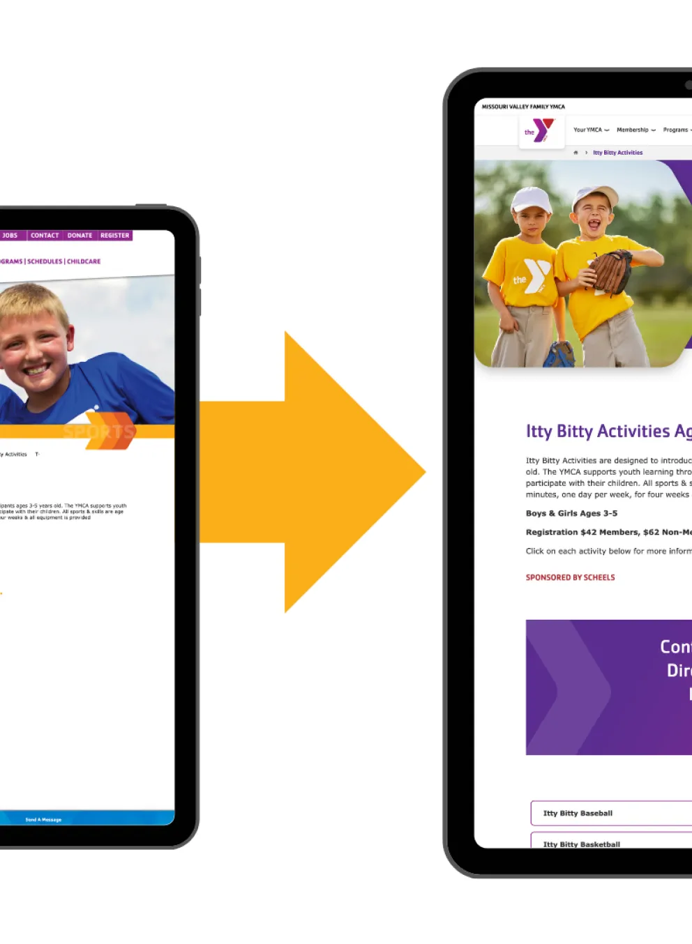 Tablet screens display kids activities information and programs with an arrow between them to emphasize transition of information.
