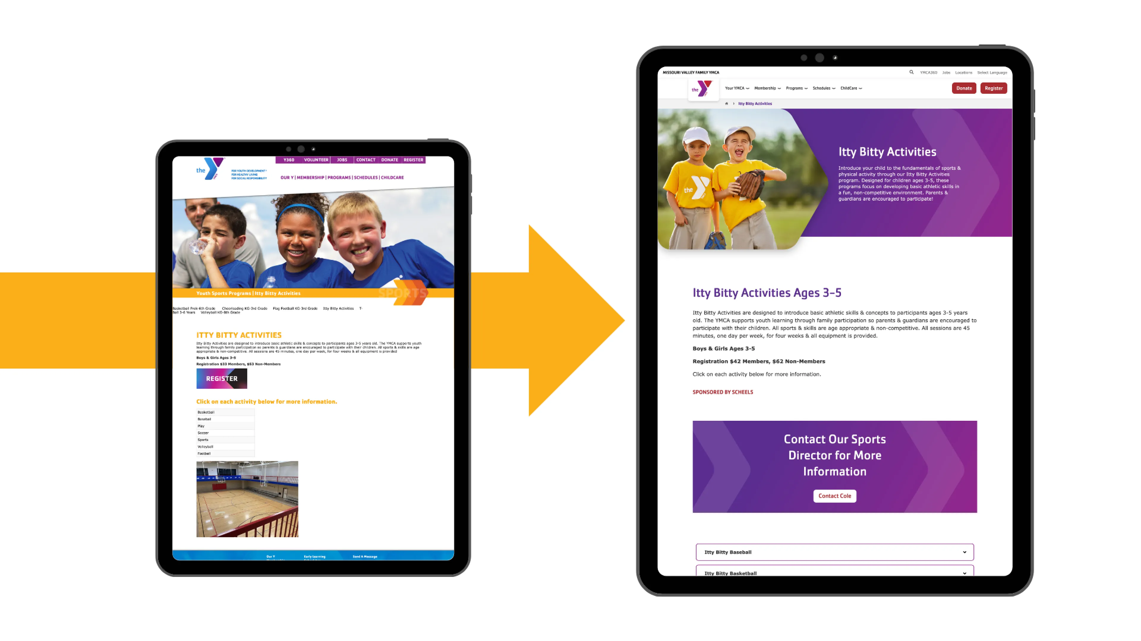 Tablet screens display kids activities information and programs with an arrow between them to emphasize transition of information.
