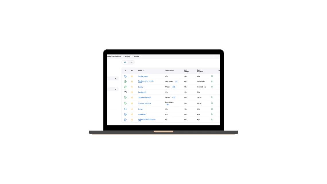 Laptop displays a table of processes with information like name, status, last success, last failure, and duration against a white background.