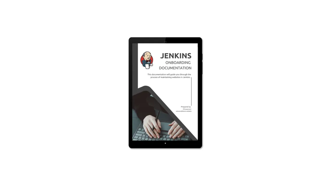 A tablet displays "Onboarding Documentation" with a cartoon logo and hands typing on a laptop keyboard.